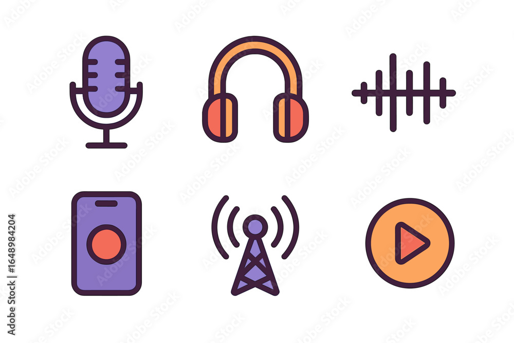 Poster colorful digital icons representing audio and recording elements on a simple background