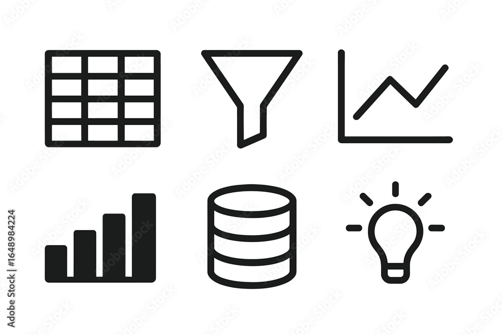 Poster visual representation of data analysis tools featuring graphs, tables, and icons in a minimalist sty