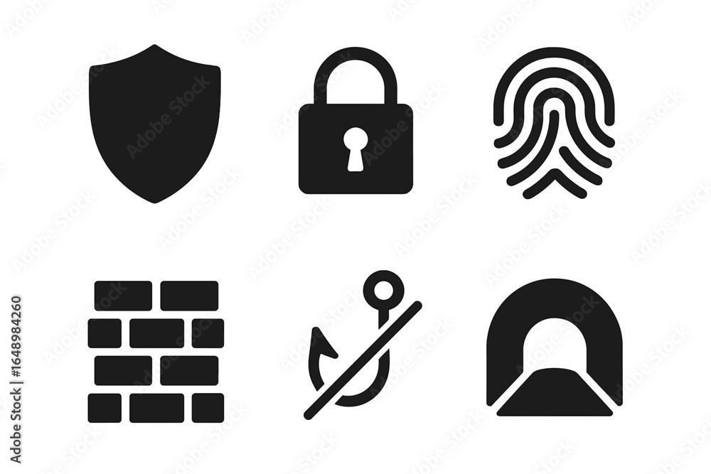 Poster security symbols representing protection, authentication, and cybersecurity measures in digital envi
