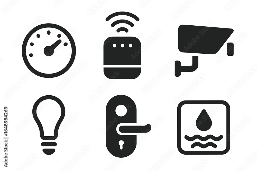 Poster icons representing technology and security features for smart homes and environments at various time