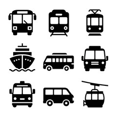 Collection of nine black transportation vehicle silhouettes isolated on white background