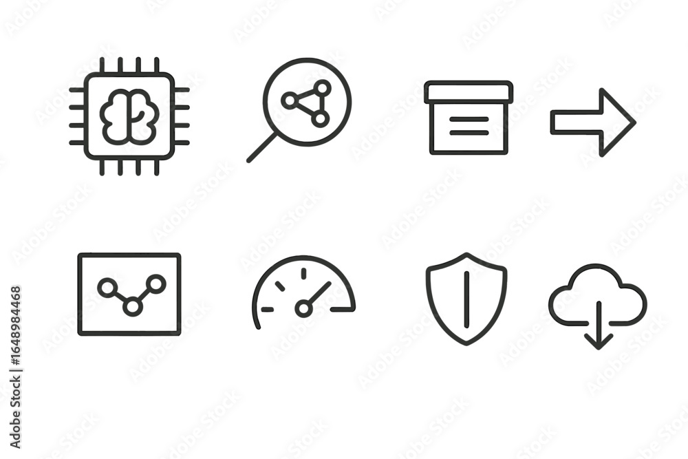 Poster collection of technology icons representing data, processing, security, and analytics in a minimalis