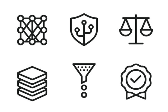 Icons representing technology, privacy, balance, and quality assurance in a digital context illustrating modern data management practices