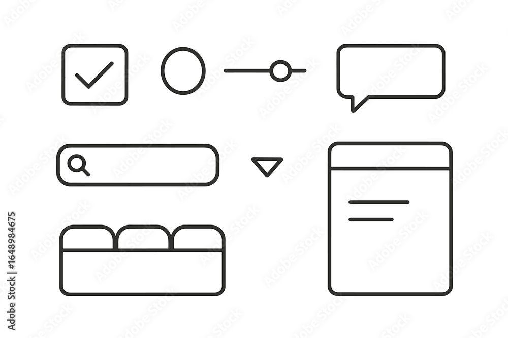 Poster design elements for user interface with checkboxes, sliders, and speech bubbles on a white backgroun