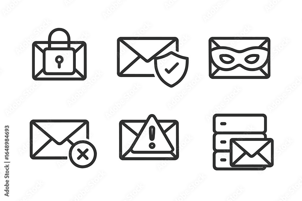 Poster Collection of email icons showcasing security, verification, and alert symbols in a simple design format