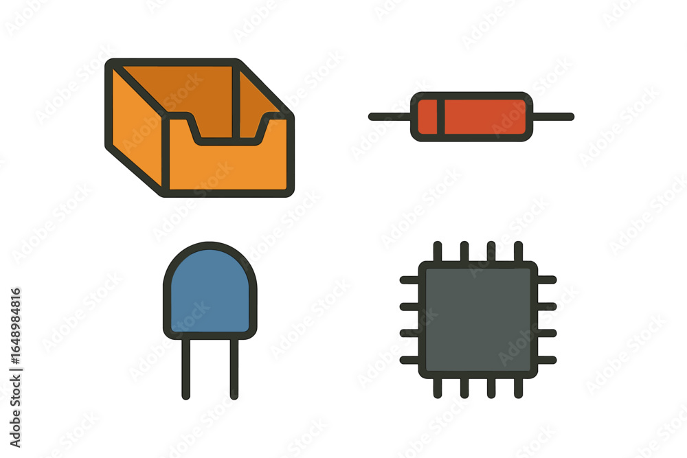 Poster various electronic components displayed on a light background highlighting their unique shapes and c