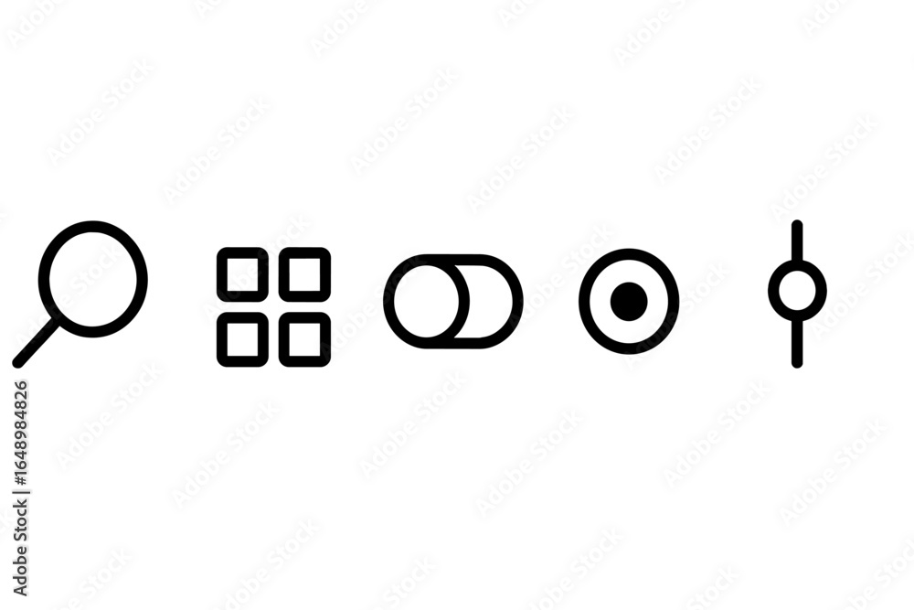 Aufkleber minimalist black icons representing search, grid view, toggle switch, circular button, and separator