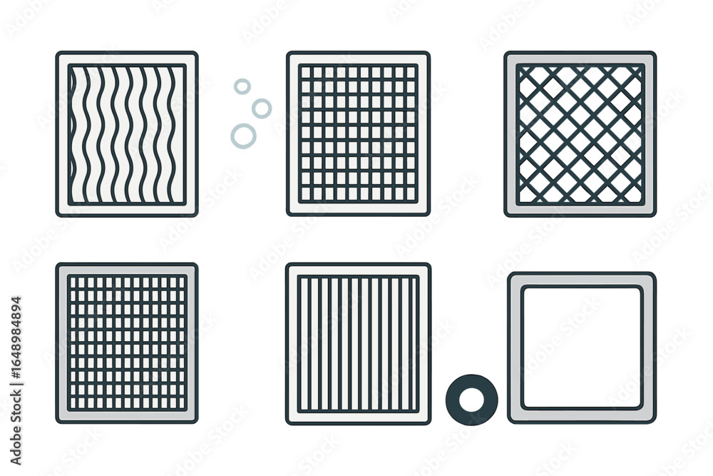 Poster distinctive patterns and shapes displayed on various surfaces in a creative design layout