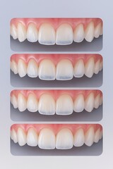 Fototapeta premium Teeth whitening process stages, dental bleaching before and after comparison, upper front teeth shade improvement, cosmetic dentistry treatment, realistic 3d render, oral care and smile enhancement co
