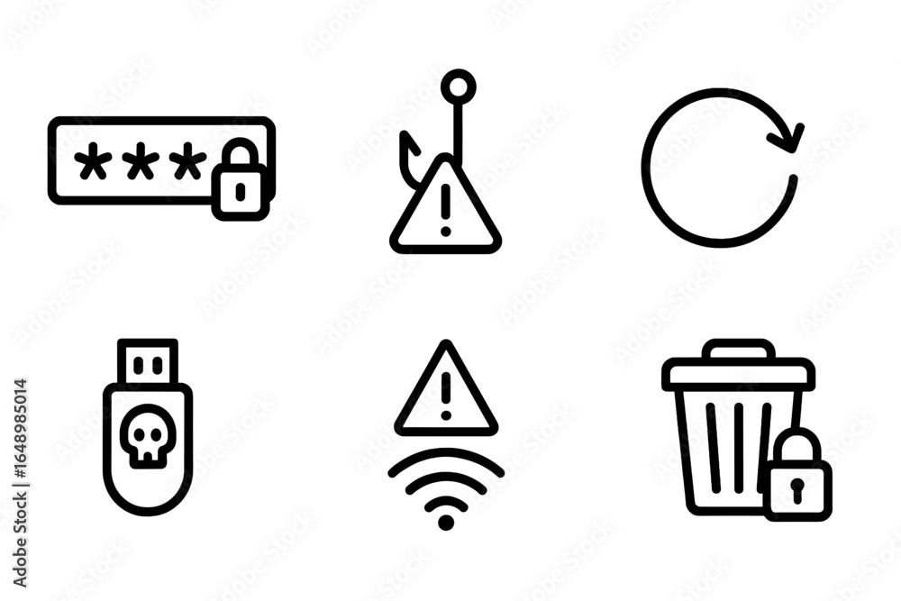 Poster security symbols highlighting risks and preventive measures in digital technology and data protectio