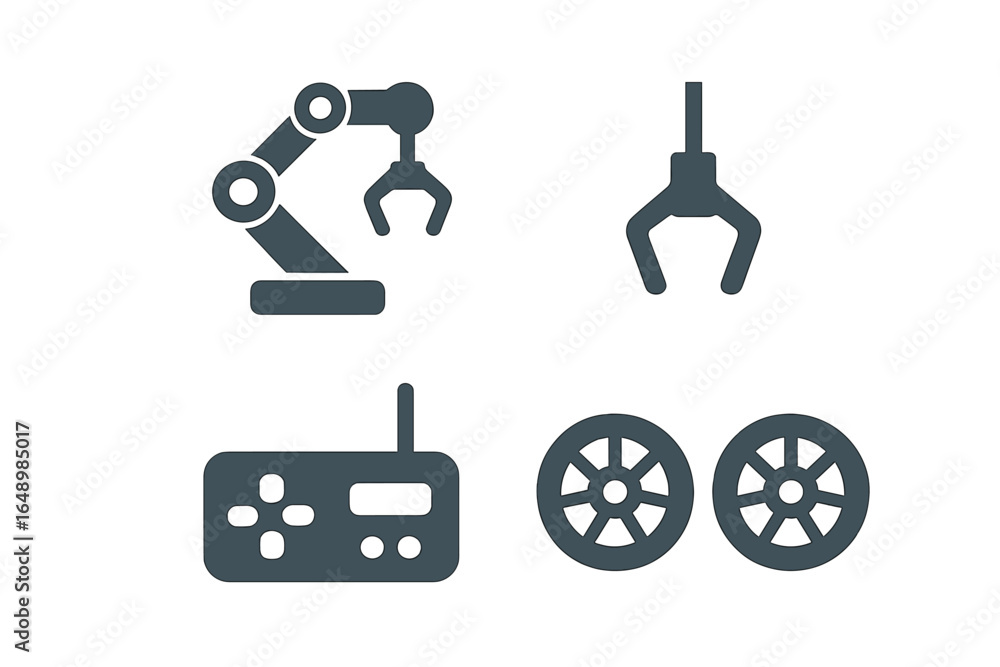 Aufkleber robotic arm, controller, and wheels displayed in a tech design setting highlighting automation and i