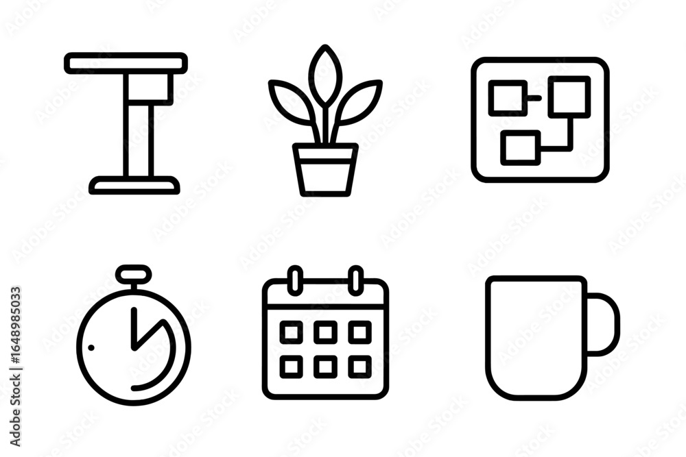 Poster various minimalistic icons representing productivity tools and elements for organization and plannin
