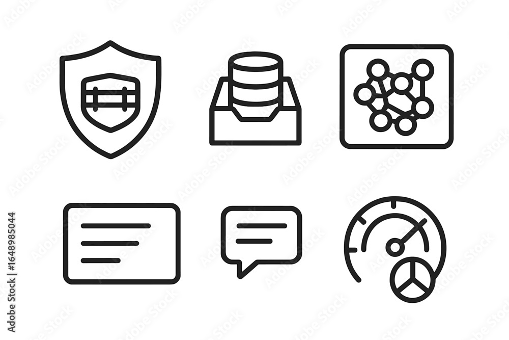 Poster collection of modern technology icons representing data security, analytics, and communication in a 