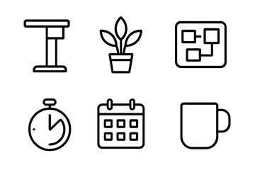Various minimalistic icons representing productivity tools and elements for organization and planning in a workspace
