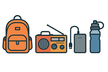 Fototapeta premium Outdoor adventure essentials include a backpack, radio, power bank, and water bottle for a day in nature