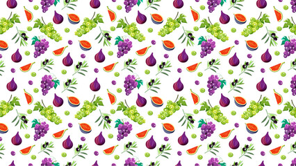 Seamless pattern with grapes and figs on white