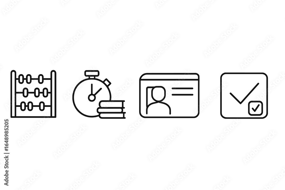 Poster various icons representing time management, finance, personal identification, and task completion in