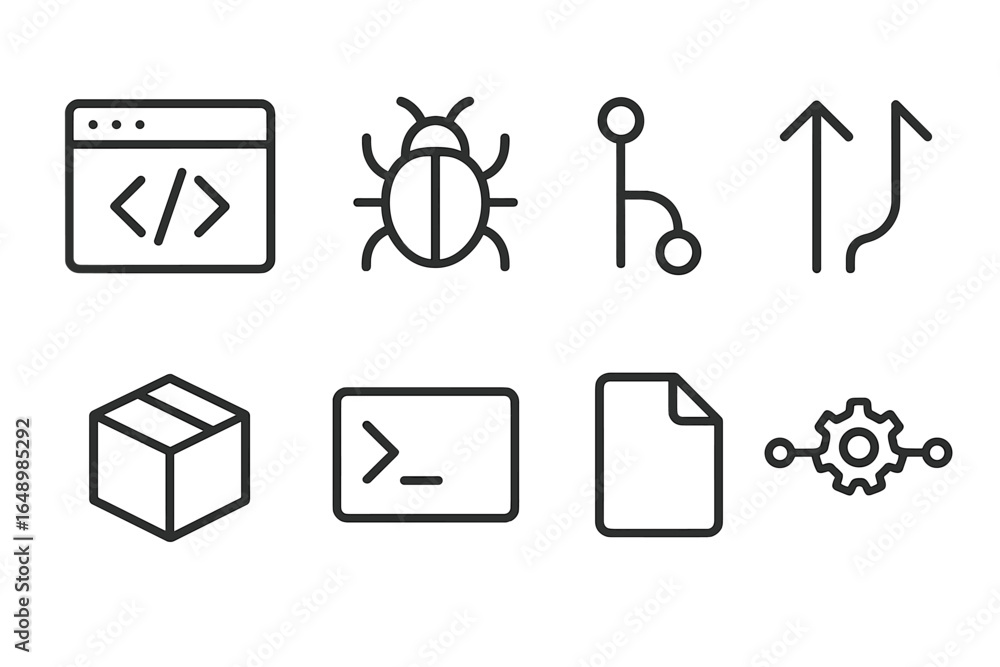Poster collection of icons representing programming concepts and tools displayed in black and white style f