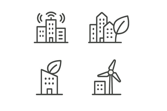 Innovative urban designs showcasing eco-friendly buildings and renewable energy solutions in a modern city layout