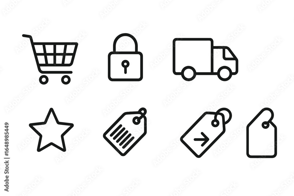 Poster online shopping icons representing delivery, security, and product selection in a minimalist design 