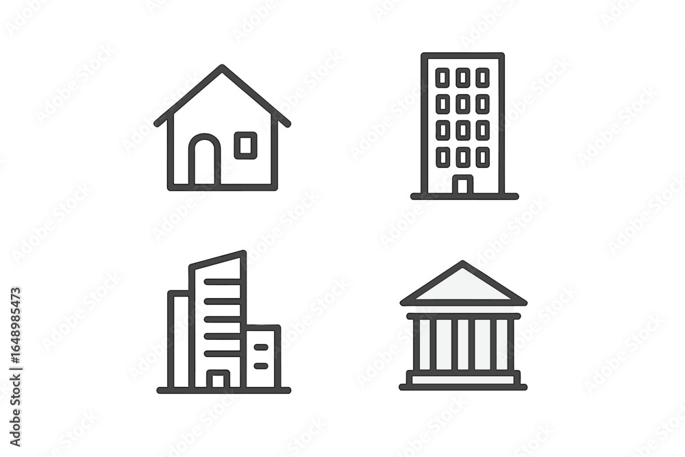 Poster various building icons representing residential and commercial architecture styles in a minimalistic