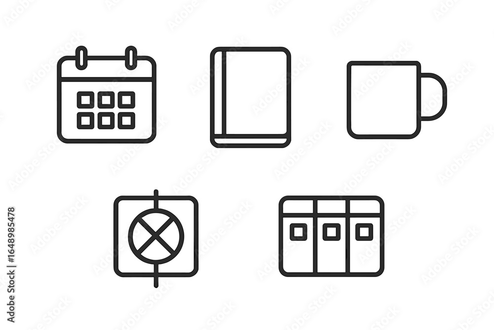 Poster simple line icons representing daily objects and activities for a minimalist design theme in a works