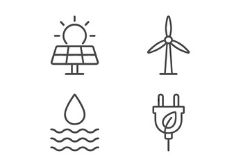 Renewable energy icons representing solar, wind, water, and electric power sources for sustainable living