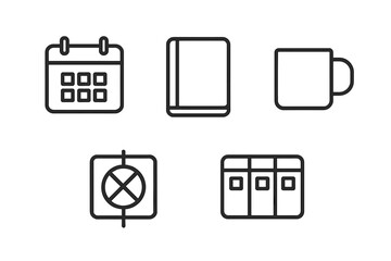 Simple line icons representing daily objects and activities for a minimalist design theme in a workspace setting
