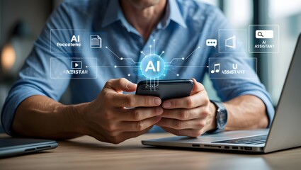 AI assistant on mobile device managing content generation for text, video, music, and image with smart automation, providing convenient access to multimedia tools in digital environment