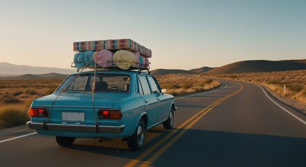 Obraz premium Vintage blue car driving down desert highway carrying adventure gear for summer vacation road trip freedom and spontaneity