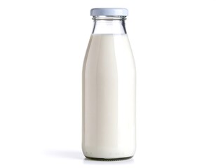 Clear glass milk bottle, full
