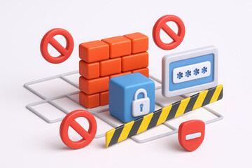 Colorful 3D illustration of a security theme featuring a firewall, lock, and caution signs.