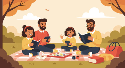 Happy family with two fathers and daughters reading together on a picnic blanket during a beautiful autumn day