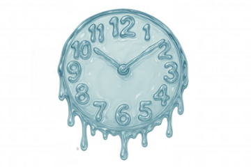 Surreal melting timepiece showing fluid temporal passage, soft blue hues dissolving across transparent surface