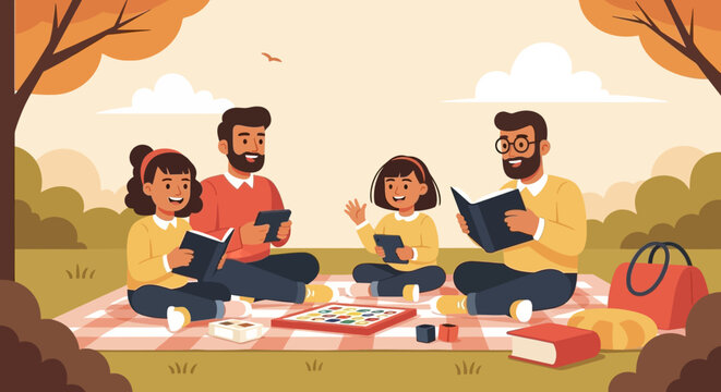Happy family with two fathers and daughters reading together on a picnic blanket during a beautiful autumn day