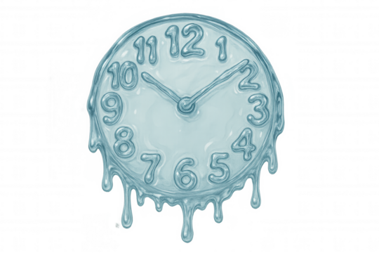 Surreal melting timepiece showing fluid temporal passage, soft blue hues dissolving across transparent surface
