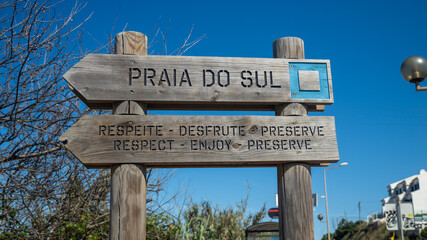 Wooden Sign for Praia do Sul Beach in Ericeira, Portugal