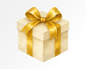 Elegant cream Christmas gift box with shiny golden ribbon bow, luxurious holiday present painted in soft watercolor style. Vector illustration, watercolor.