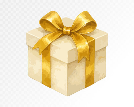 Elegant cream Christmas gift box with shiny golden ribbon bow, luxurious holiday present painted in soft watercolor style. Vector illustration, watercolor.