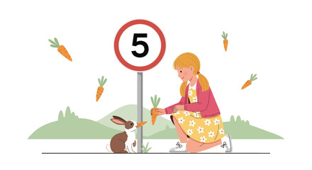 Girl Giving Carrot To Bunny Under A Five Speed Limit Sign Illustration