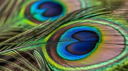 Fototapeta premium A macro background of vibrant, colorful peacock feather details. An explosion of iridescent blue, green, and gold