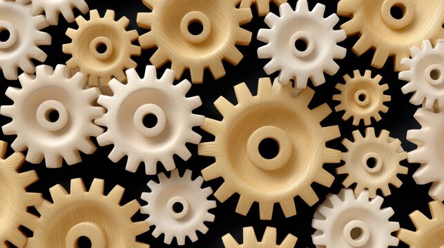A collection of various beige and cream-colored gears on a dark background.