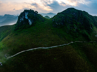 Drone aerial view of landscape mountains view in sunrise or sunset time,High angle view over...