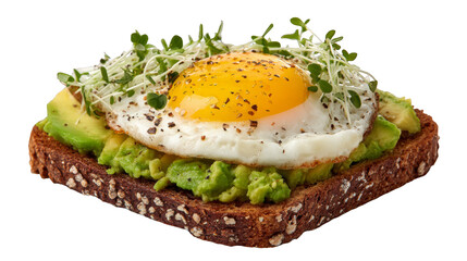 A gourmet toasted bread slice topped with creamy avocado and a savory fried egg creating the perfect healthy breakfast brunch or light lunch meal for a balanced diet.