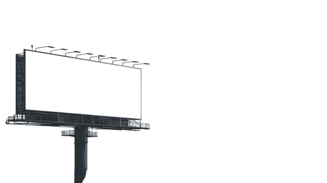 Minimalist empty billboard in cityscape silhouette, isolated on transparent background