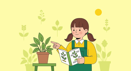 Happy Girl Learning About Plants From A Book Indoor Illustration