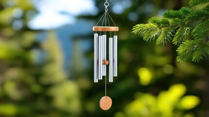 Metal wind chimes gently swaying in a lush green forest setting.