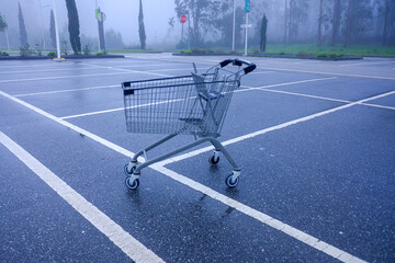 A single shopping trolley in an empty, wet car park, a concept of urban decay.