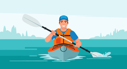 Happy Man Kayaking on a Calm Blue Sea Waterscape Enjoying Nature