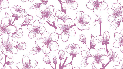 Fototapeta premium Violet and white seamless patterns background with flowers sakura. Botanic tropical wallpaper with daisies flower and leaves. 